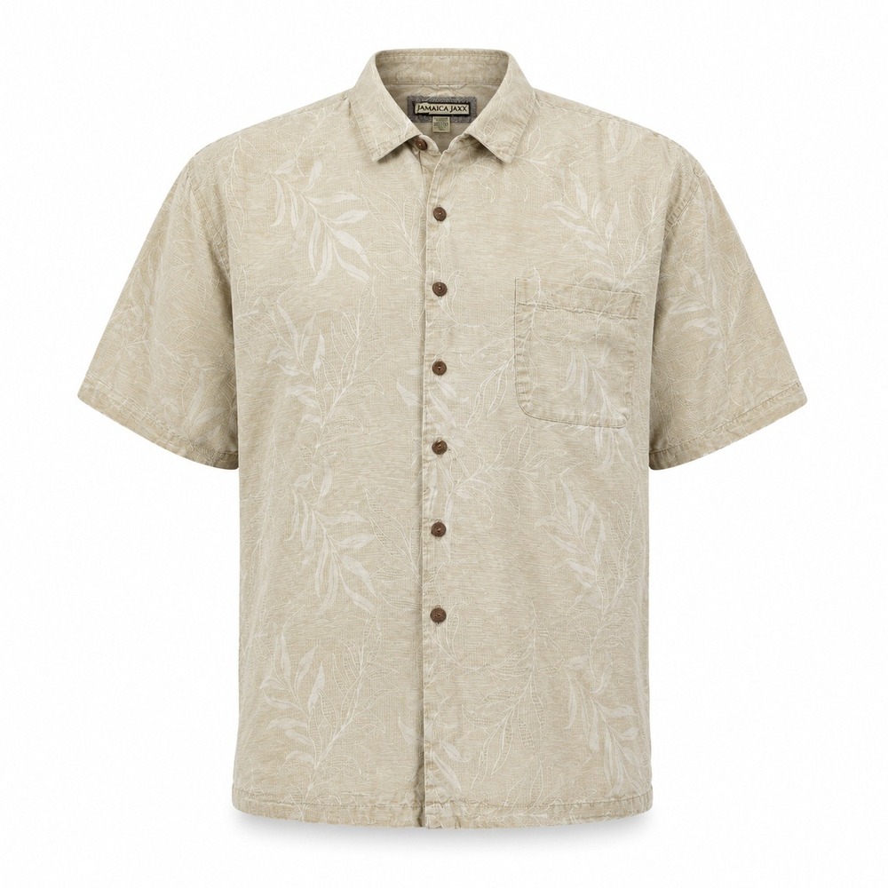 Jamaica Jaxx Button‎ Down Shirt Mens XXL Tan Silk Jacquard Leaf Short Sleeve